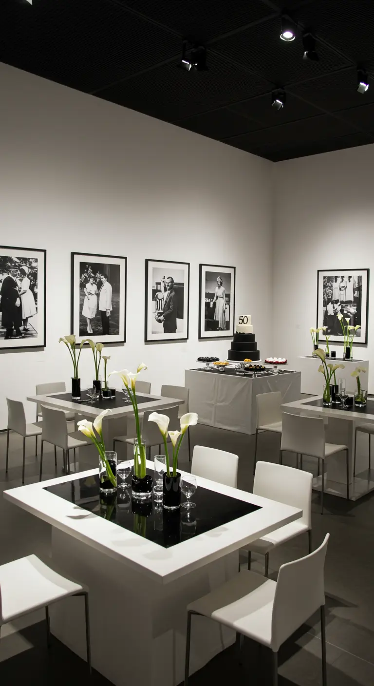 Moderne feestruimte met zwarte en witte tafels, calla lelies en zwart-wit foto's.