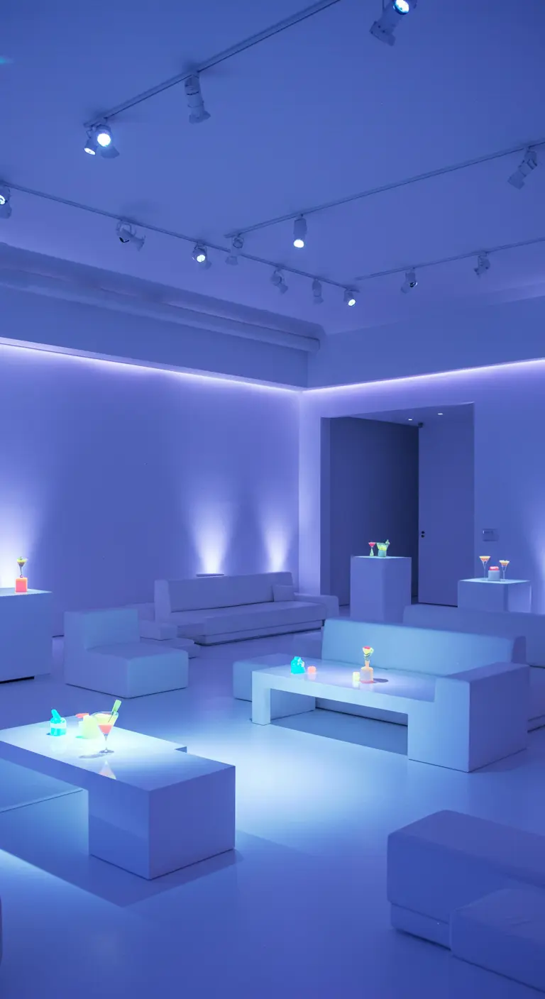 Witte minimalistische lounge met oplichtende cocktails op tafels.