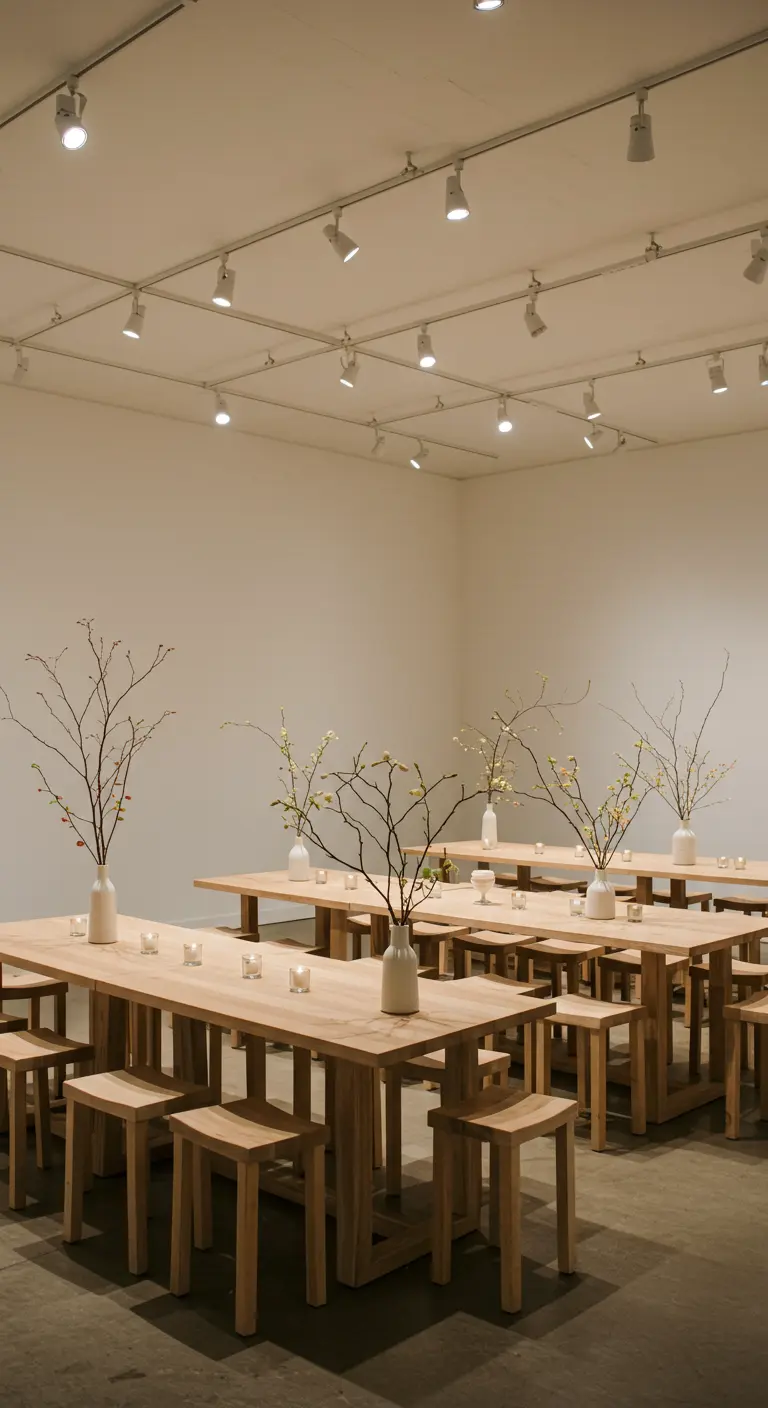 Minimalistische dinertafels in een witte ruimte, gedecoreerd met enkele takken in witte vazen.