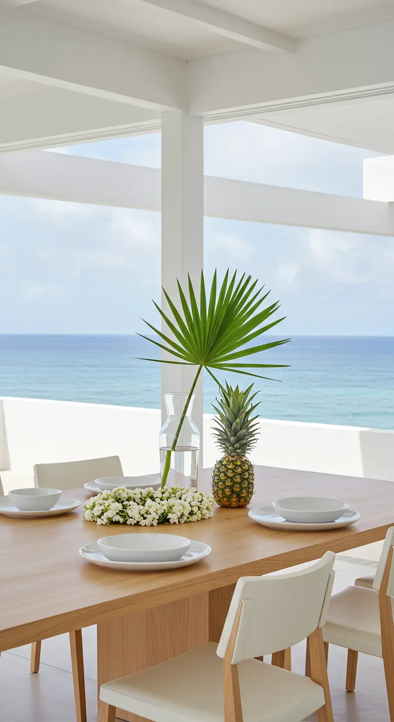 Minimalistisch gedekte tafel met een palmblad, een ananas en uitzicht op zee.