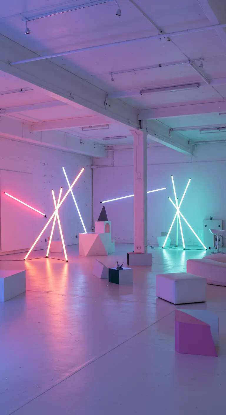 Witte, minimalistische ruimte met gekruiste LED-lichtbuizen in roze, wit en cyaan.