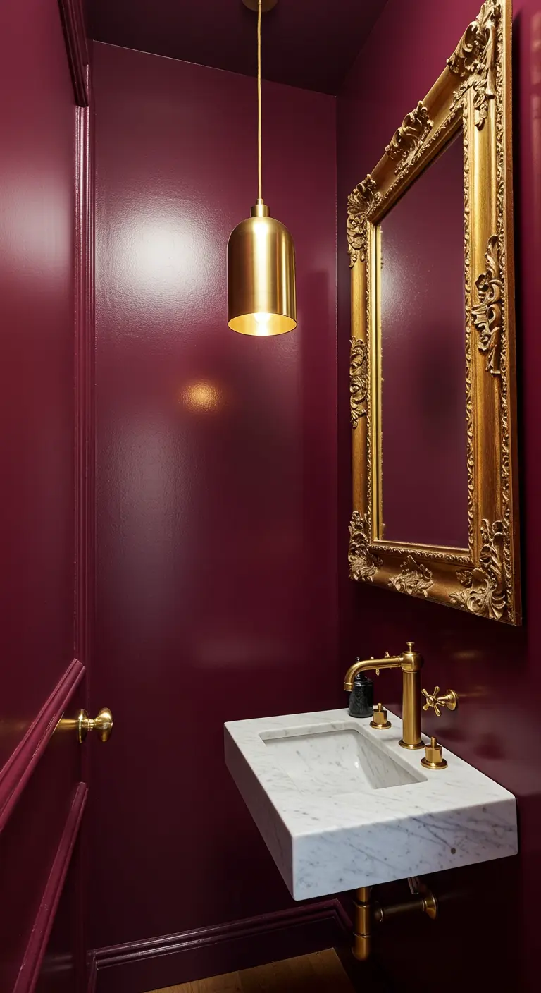 Toiletruimte met glanzende aubergine muren, een marmeren wastafel en een gouden hanglamp.