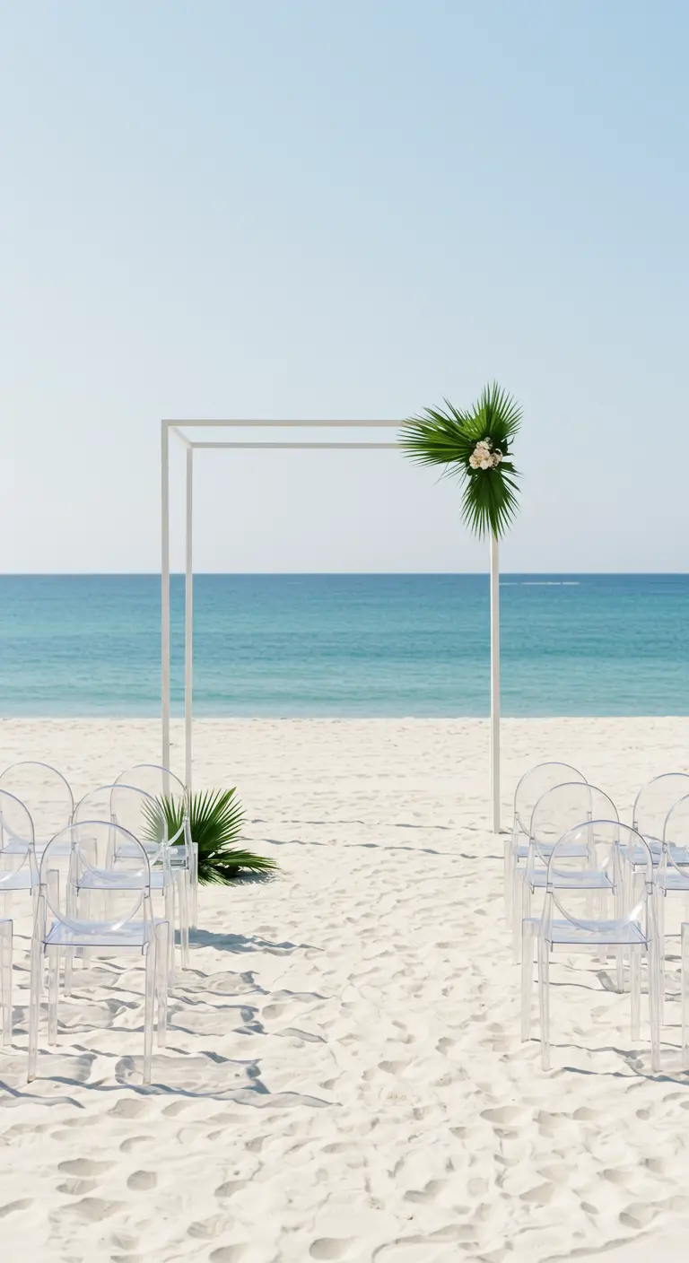 Moderne, minimalistische trouwboog met transparante stoelen op een wit zandstrand.