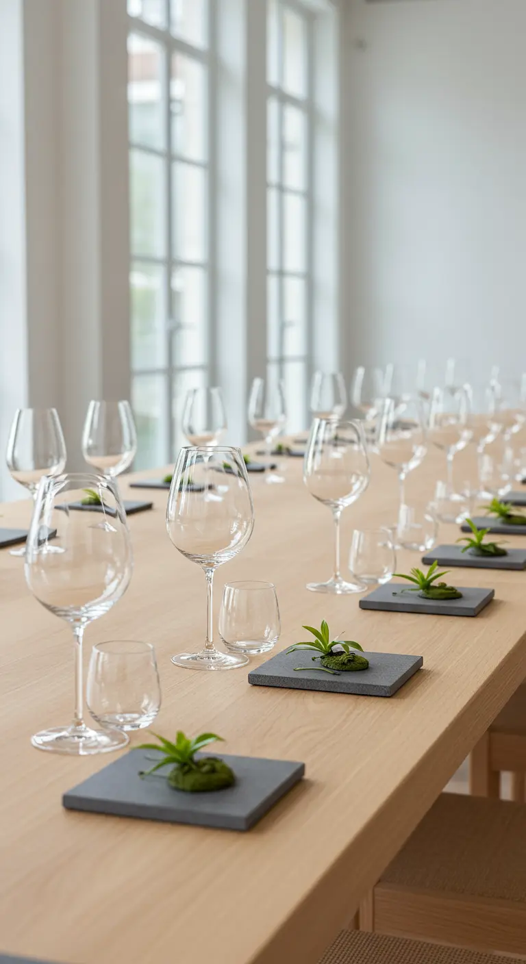 Lange houten tafel met rijen wijnglazen en kleine groene plantjes in een minimalistische setting.