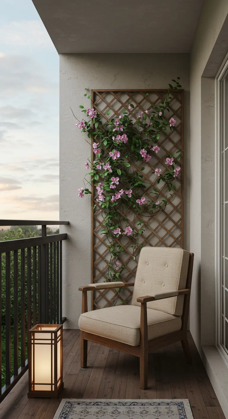 Modern balkon met een fauteuil, een klimplant op een trellis en een Japanse lantaarn.