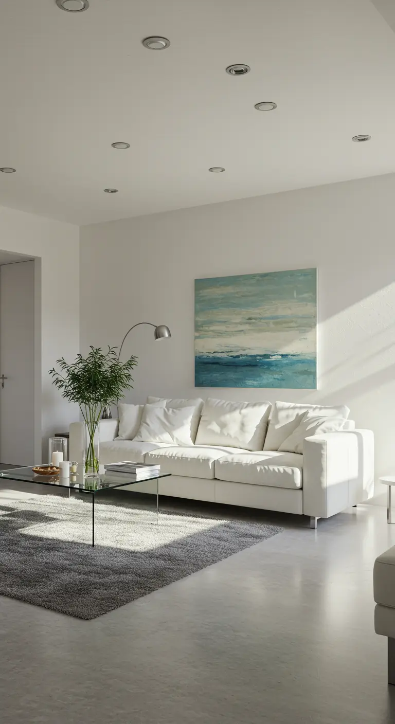 Strakke witte woonkamer met grote bank, blauw abstract schilderij en glazen salontafel.
