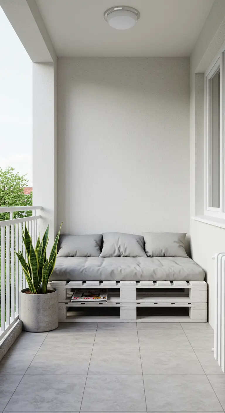 Witgeschilderde palletbank met grijze kussens op een minimalistisch balkon met een sansevieria.