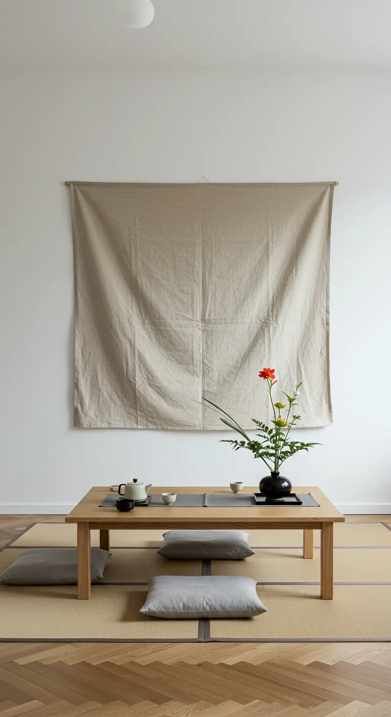 Naturel linnen doek achter een lage Japanse eettafel met kussens.