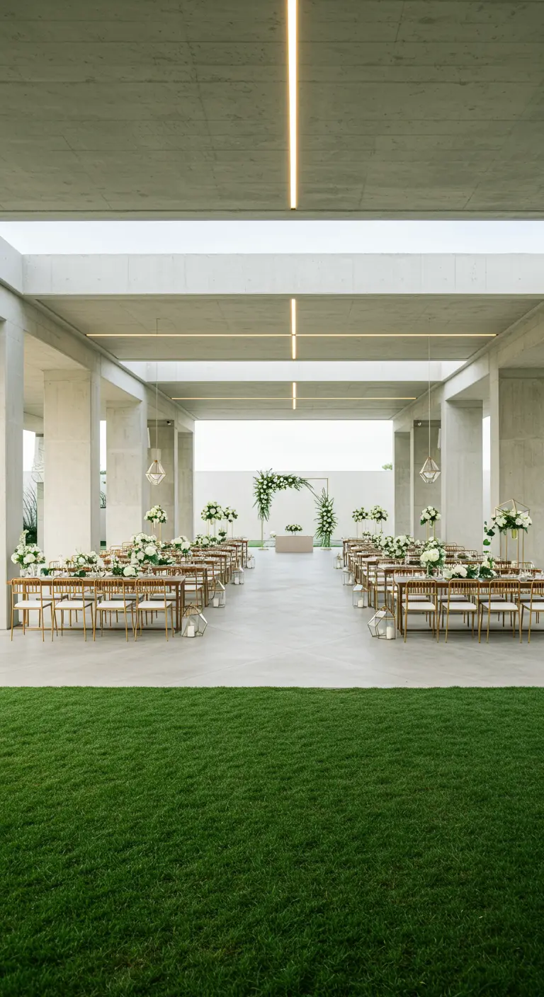 Moderne, betonnen evenementenlocatie met wit-groene bloemdecoraties en gouden stoelen.