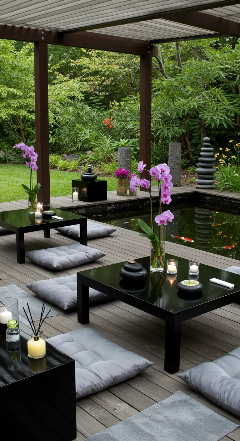Japanse tuin met lage tafels, kussens, orchideeën en een vijver.