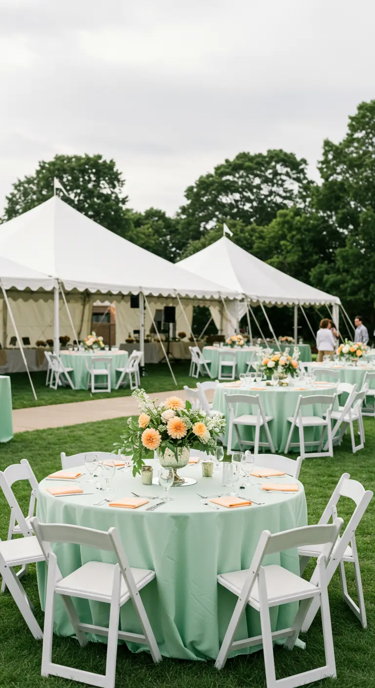 Buitenbruiloft met tenten en ronde tafels met mintgroene kleden en perzikkleurige bloemen.