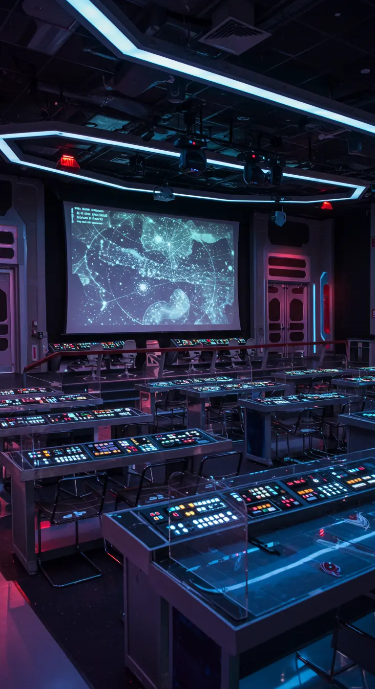 Ruimte ingericht als de 'mission control' van een ruimteschip, met schermen en panelen.