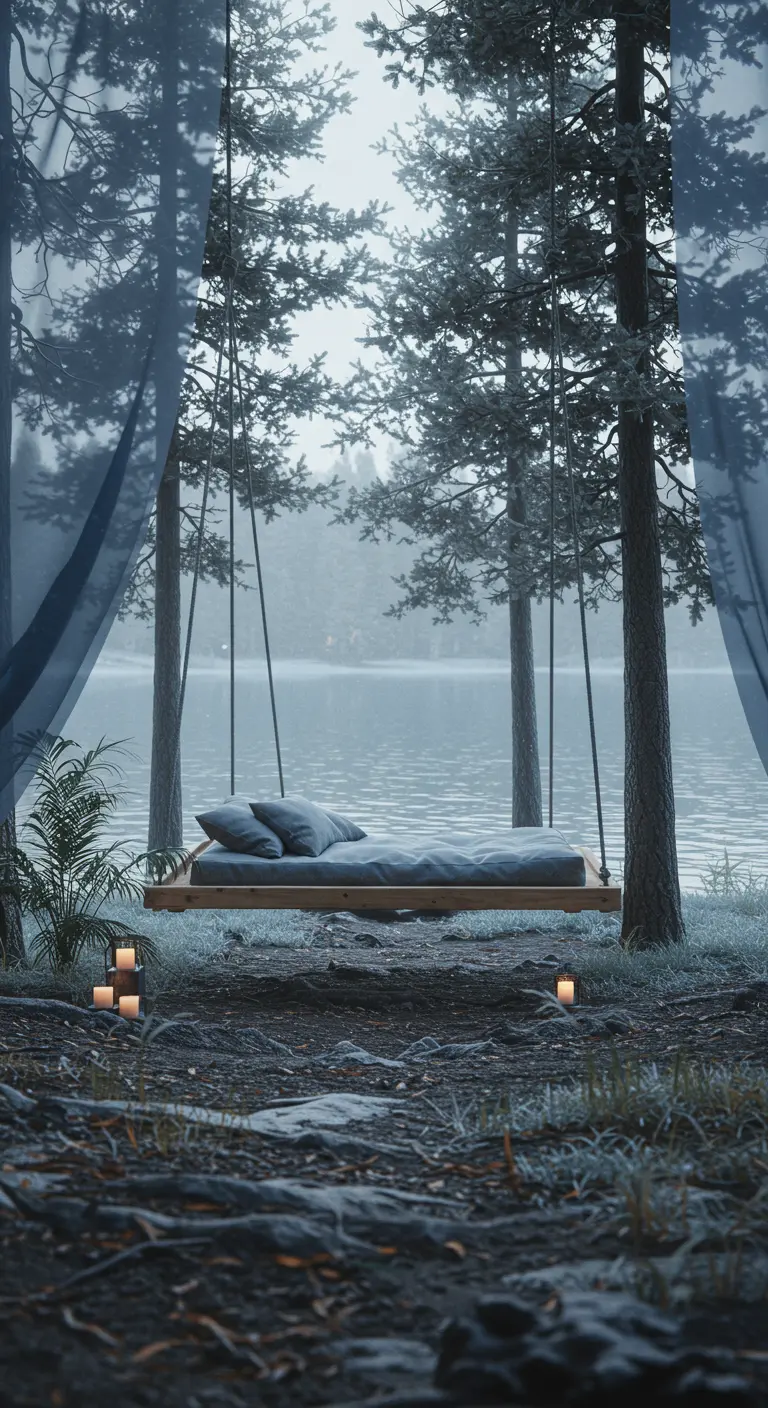 Zwevend houten bed met blauw beddengoed en kaarsen in een mistig bos bij een meer, met doorschijnende gordijnen.