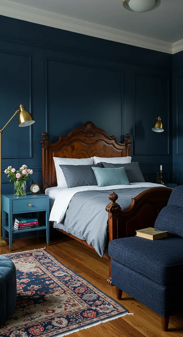 Slaapkamer met klassiek houten bed, nachtblauwe lambrisering en een Perzisch tapijt.