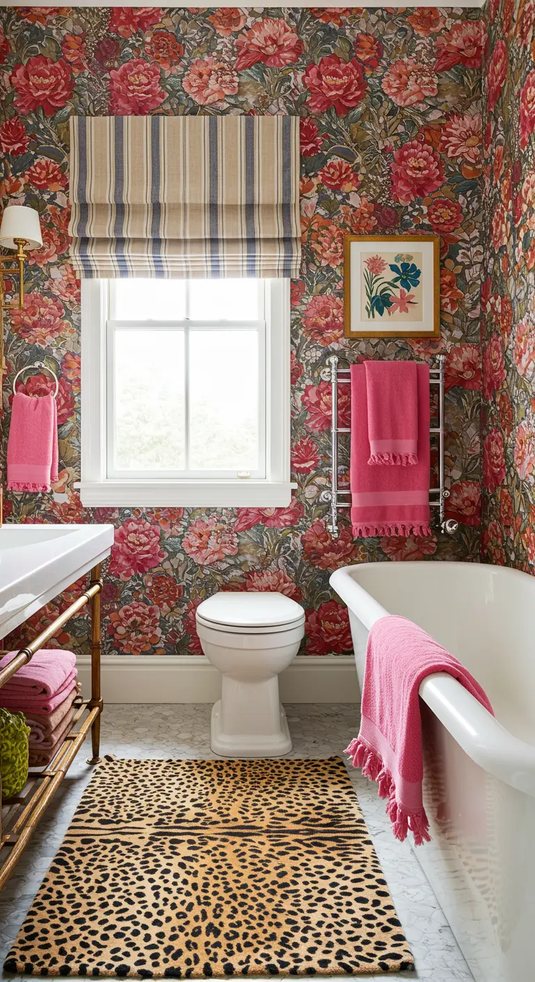 Maximalistische badkamer met bloemenbehang, gestreept vouwgordijn en dierenprint kleed.