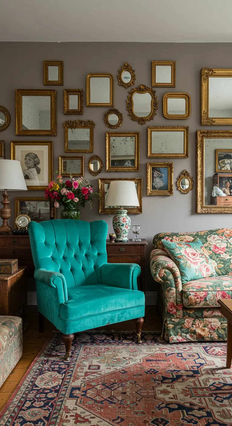 Eclectische woonkamer met een turquoise fauteuil, bloemenbank en een muur met gouden spiegels.