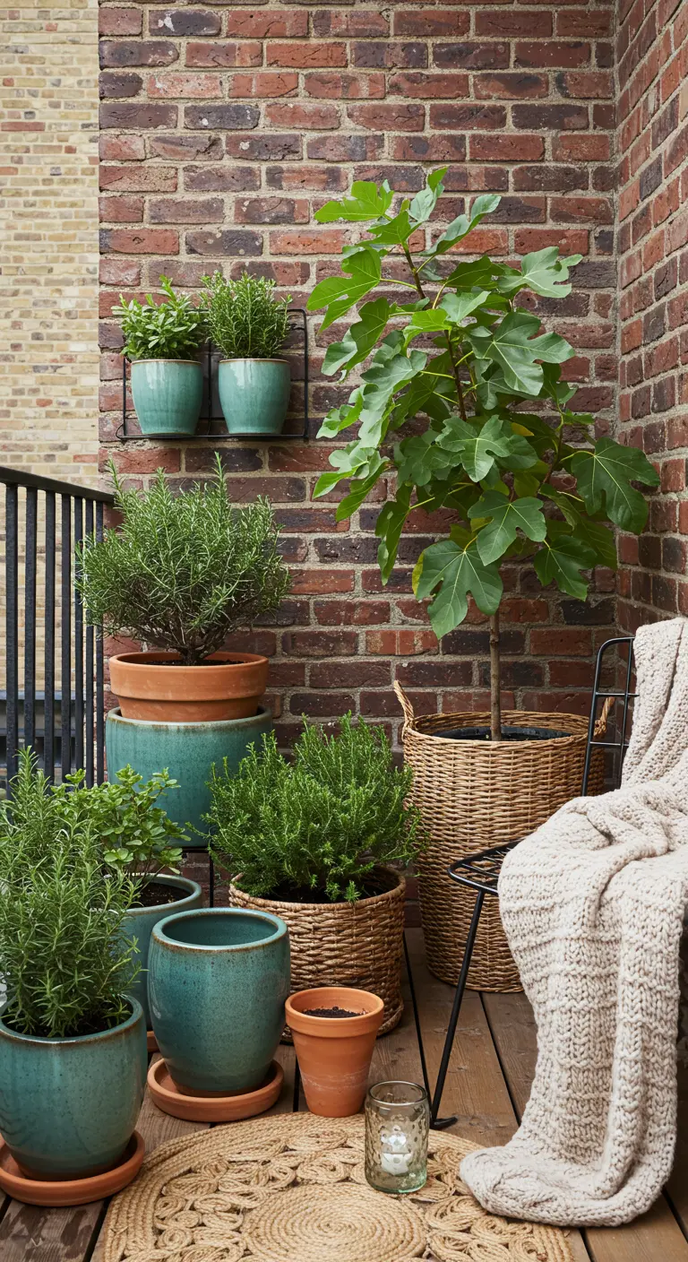 Balkonhoek met mix van turquoise, terracotta en rieten potten tegen een bakstenen muur.