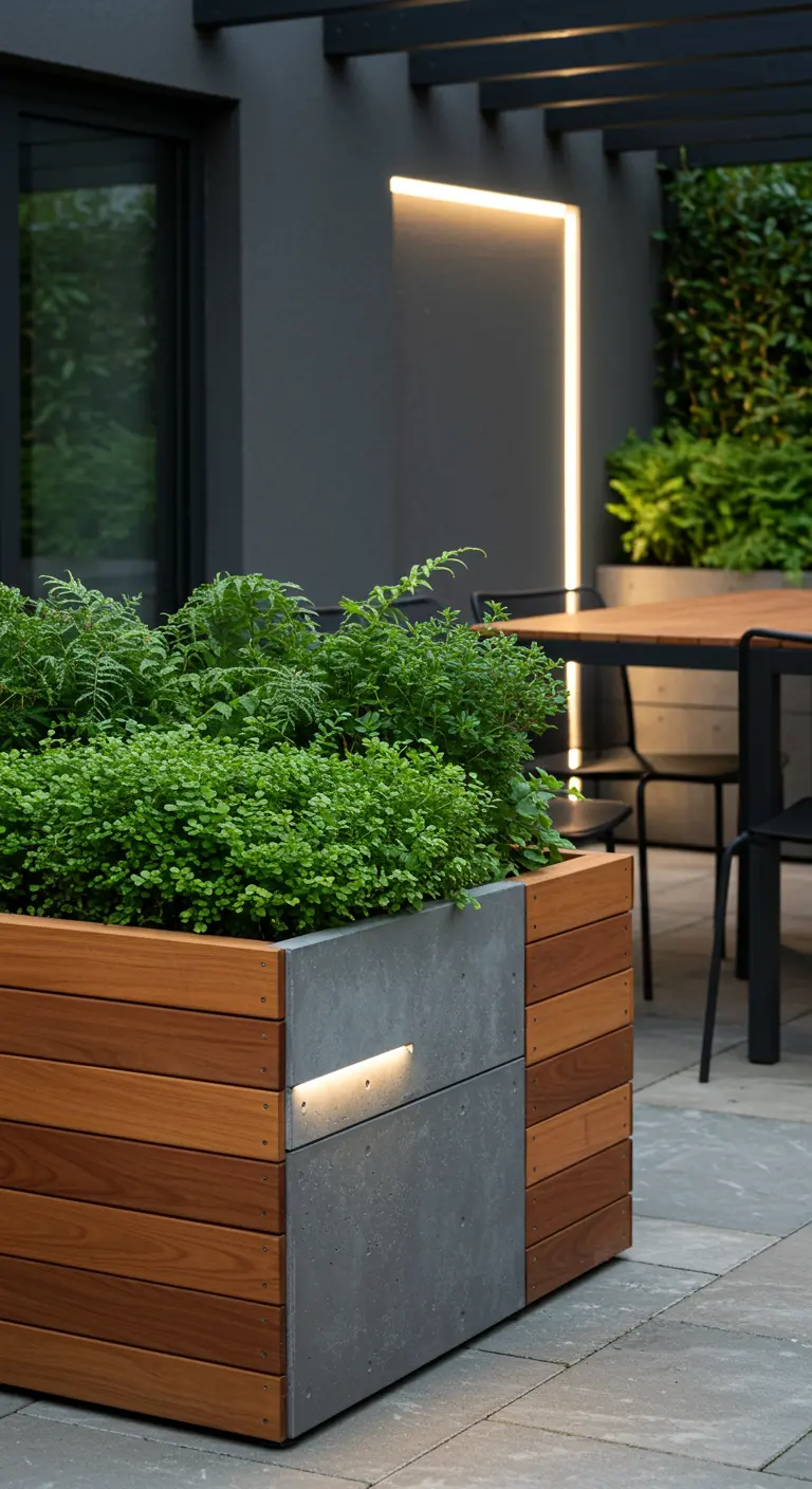 Moderne plantenbak die warm hout en strakke betonnen panelen combineert, met ingebouwde verlichting.