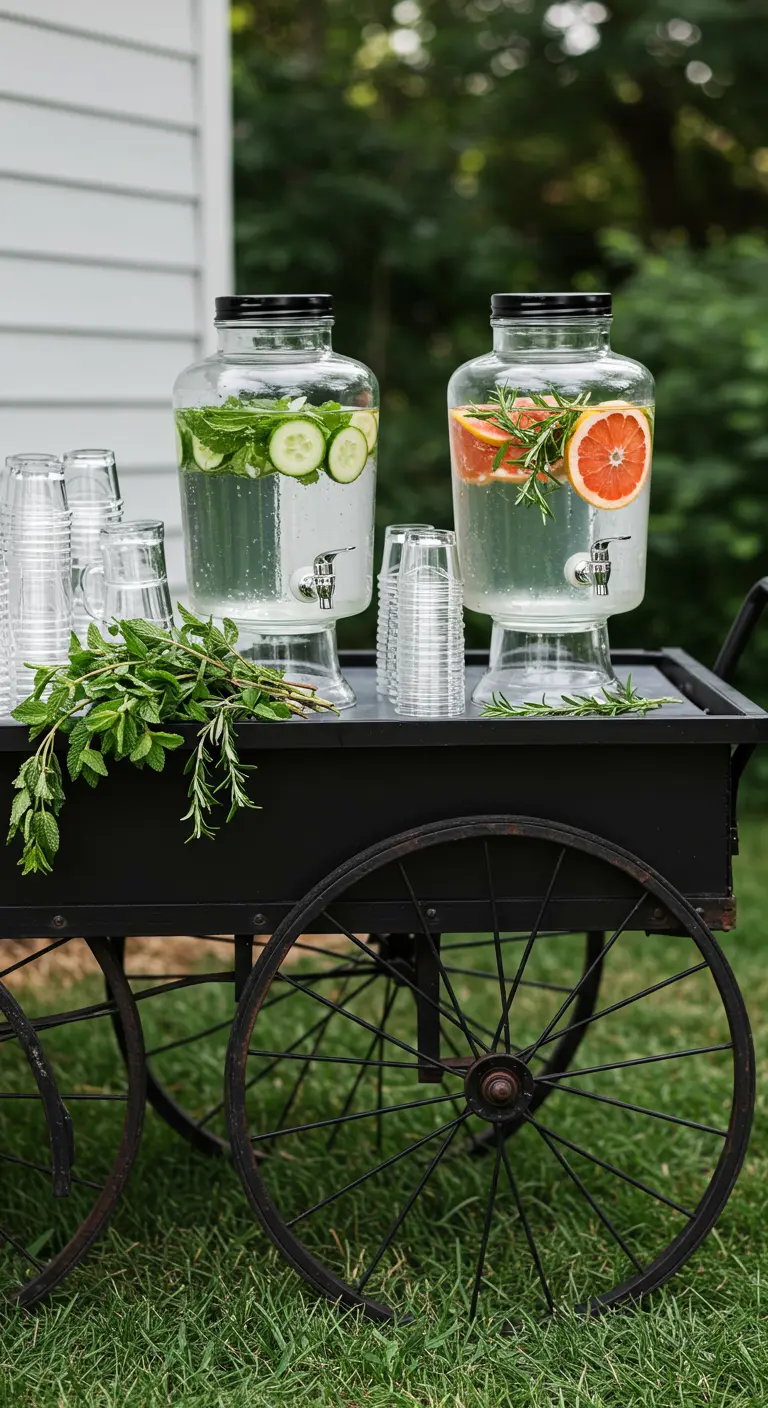 Zwarte kar met grote glazen watertaps, gevuld met fruit en kruiden.