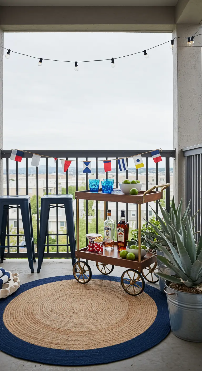 Balkon met mobiele bar op wielen, nautische vlaggenlijn, rond jute vloerkleed en barkrukken.