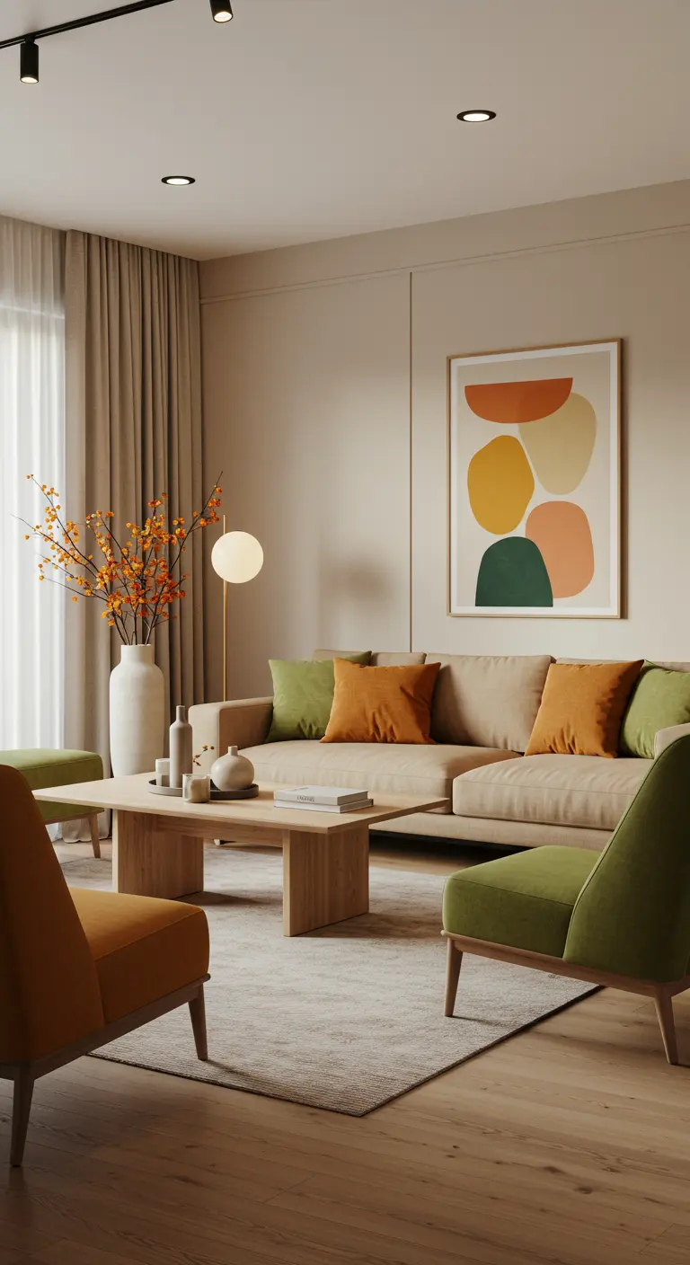 Moderne woonkamer met neutrale bank, groene en oranje stoelen, abstracte kunst.