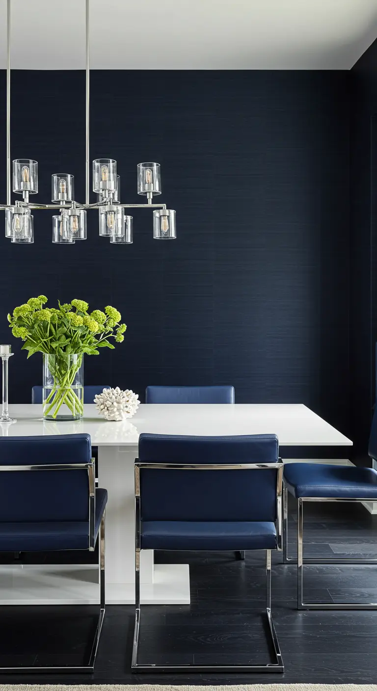 Moderne eetkamer met marineblauwe textuurwand, witte tafel en blauwe stoelen met chroom.