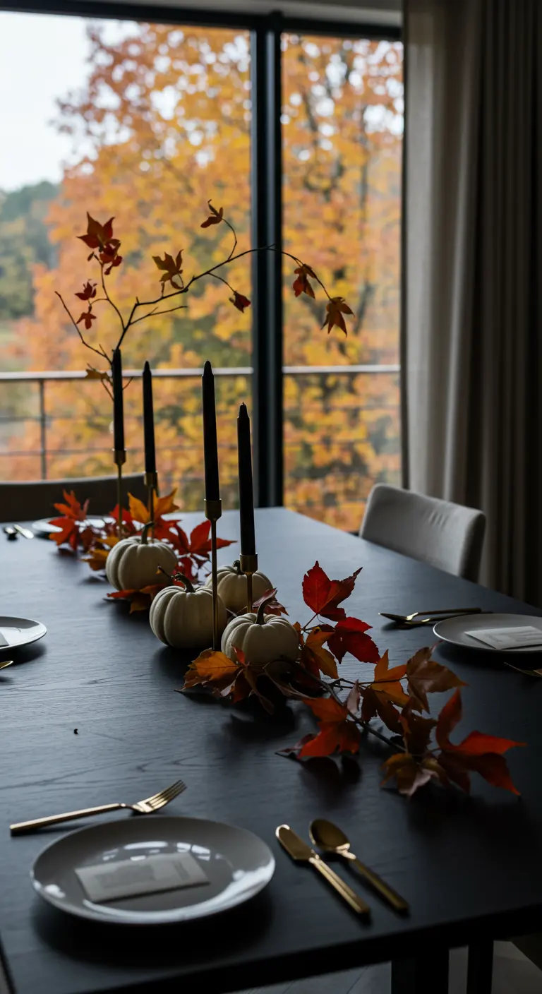 Zwarte eettafel met witte pompoenen, zwarte kaarsen en herfstbladeren.