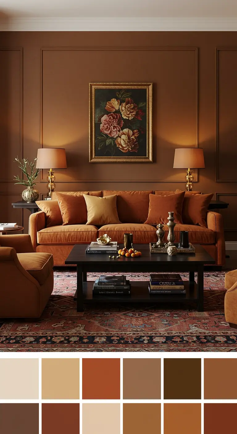 Elegante woonkamer met donkerbruine muren, een oranje fluwelen bank en een klassiek bloemenschilderij.