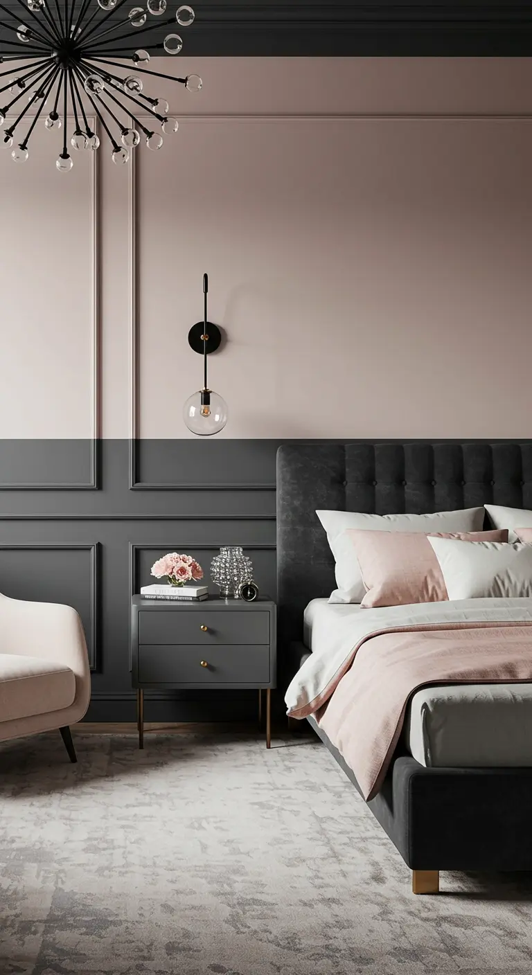 Moderne slaapkamer met een half roze, half grijze muur met panelen.