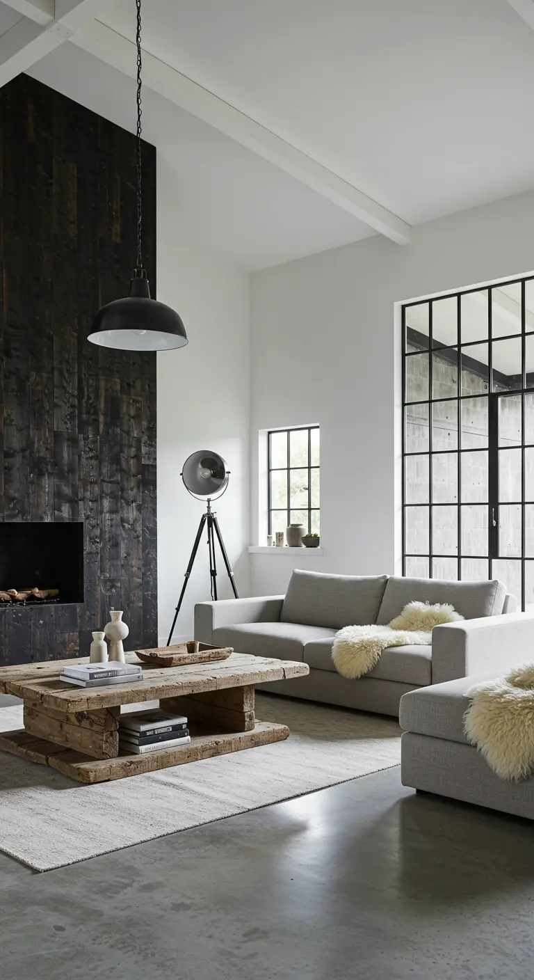 Moderne woonkamer met zwarte houten haardwand, grijze banken en betonnen vloer