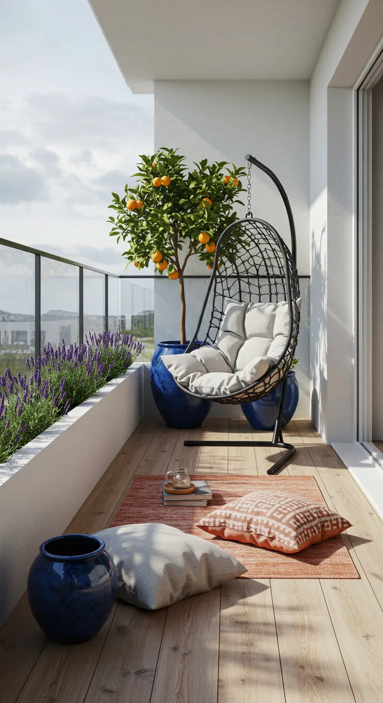 Modern balkon met zwarte hangstoel, citrusboom en terracotta-kleurig kleed.