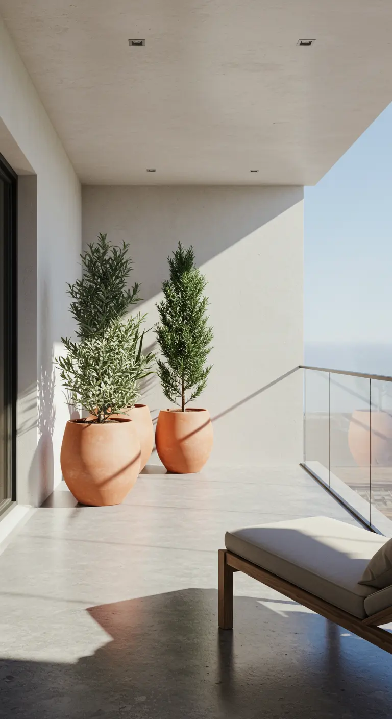 Minimalistisch balkon met betonnen vloer, grote terracotta potten en een design ligstoel.