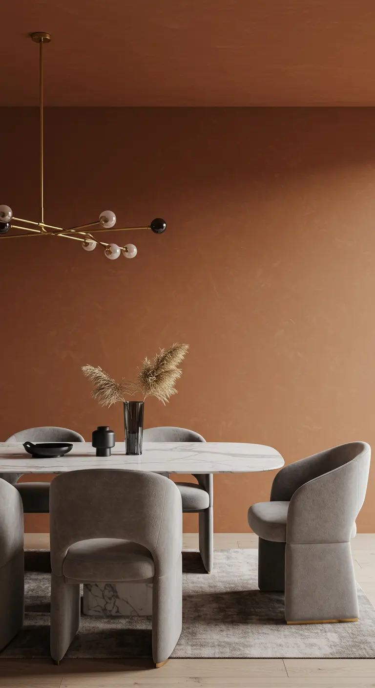 Moderne eetkamer met terracotta muren, marmeren tafel en grijze velours stoelen.