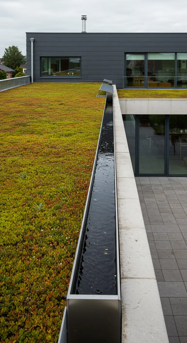 Strakke, moderne watergoot langs een sedumdak van een modern huis.