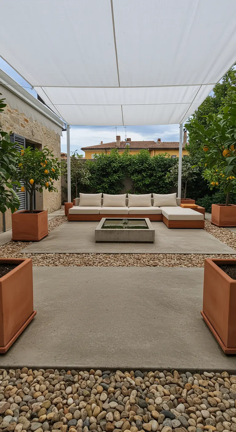 Modern terras met betonnen vloer, loungebank en citroenbomen