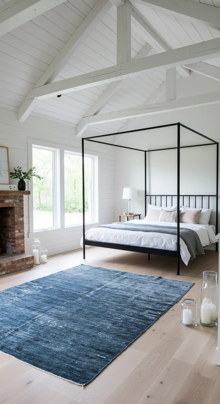 Moderne, lichte slaapkamer met een zwart minimalistisch hemelbed en een groot blauw tapijt.