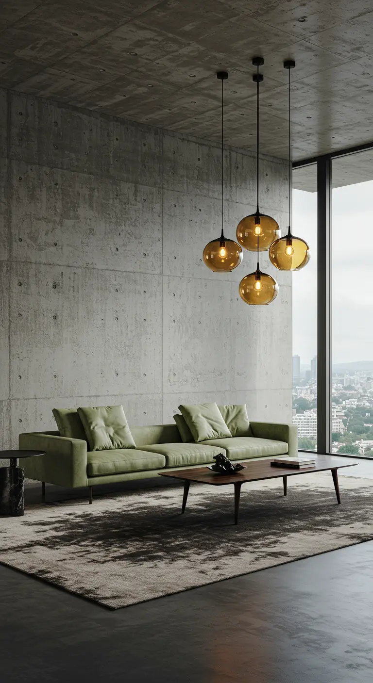Minimalistische woonkamer met betonnen muren, saliegroene bank en amberkleurige glazen hanglampen