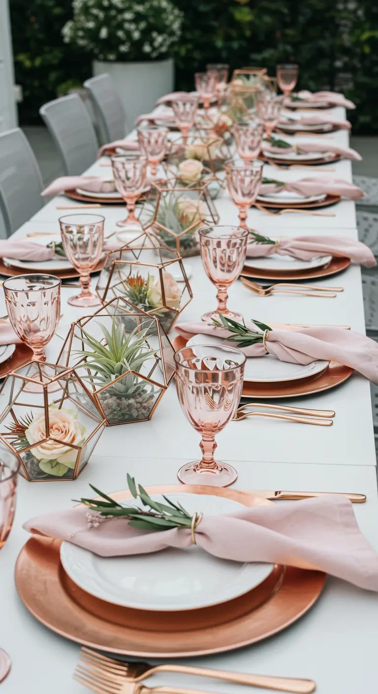 Witte tafel met roségouden bestek, roze glazen en geometrische terrariums.