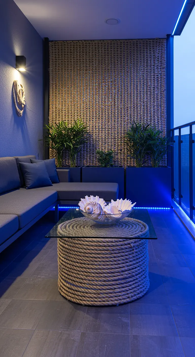 Modern nautisch balkon met blauwe LED-verlichting, geweven wand, touwtafel en grote schelpen.