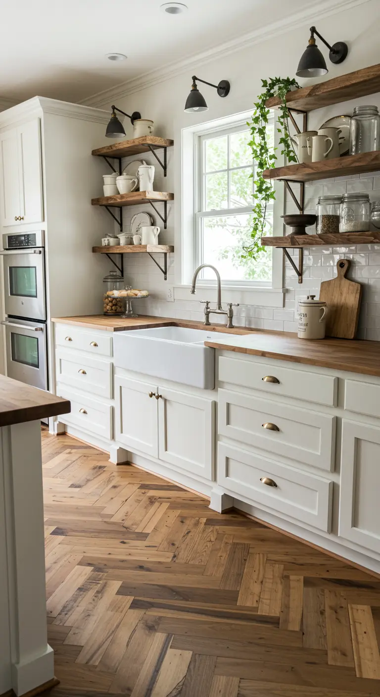 Landelijke keuken met visgraatvloer, witte kasten en een grote spoelbak.