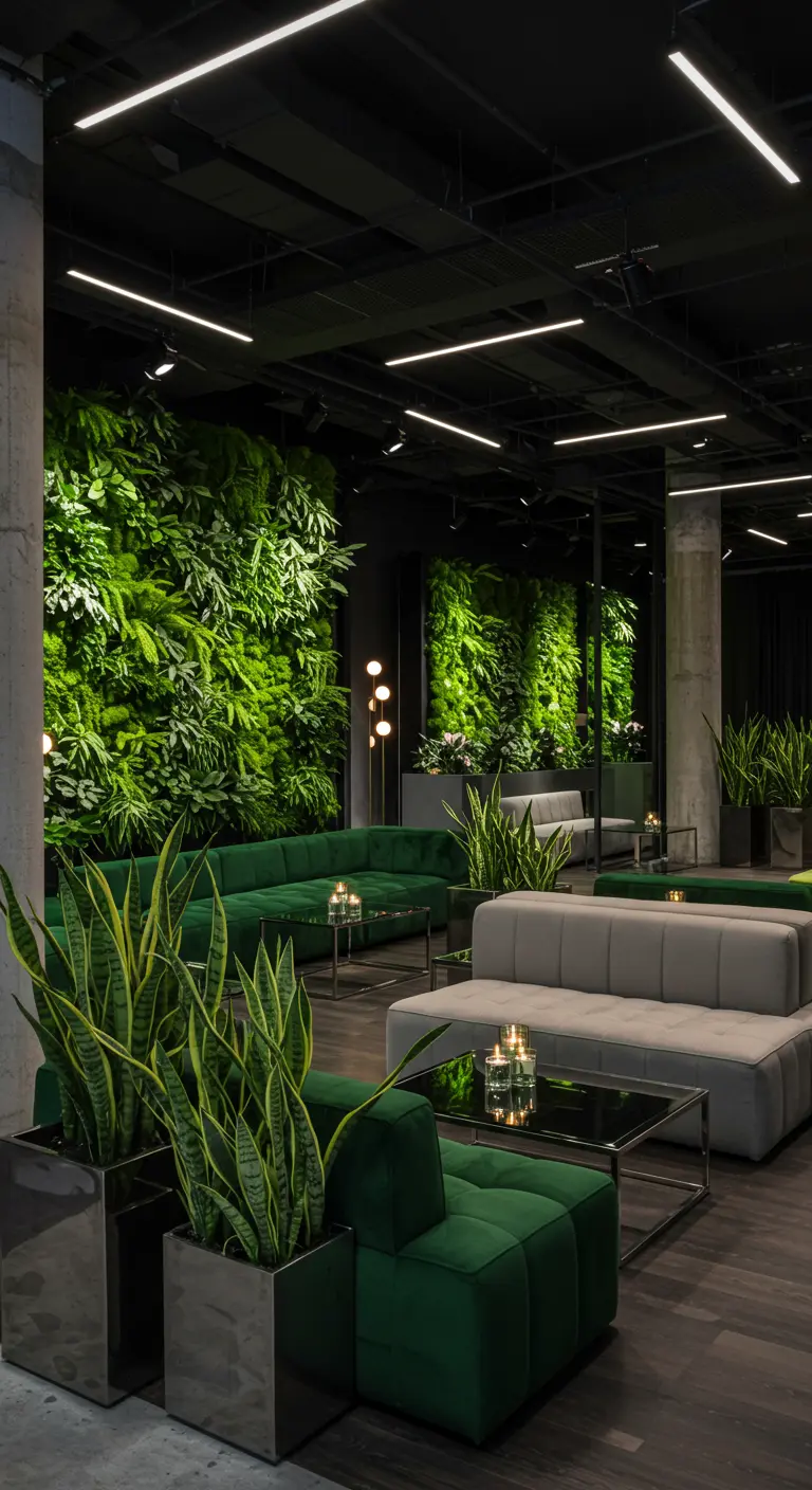 Moderne lounge met groene plantenwanden, groene fluwelen banken en hoge planten.