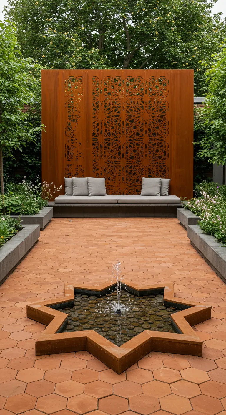 Moderne tuin met een stervormige fontein, cortenstalen scherm en strakke loungebank.