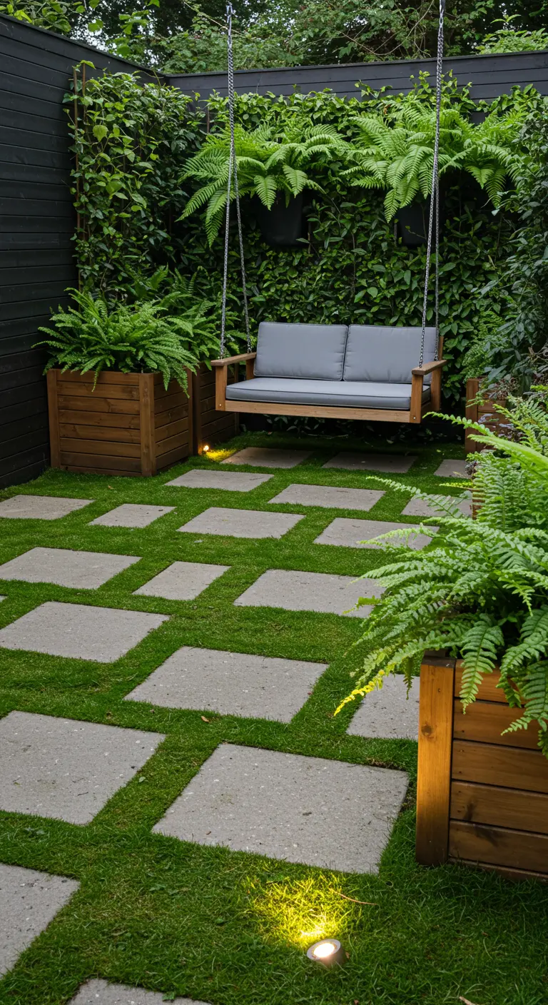 Houten schommelbank voor klimopmuur, met grastegels en houten plantenbakken.