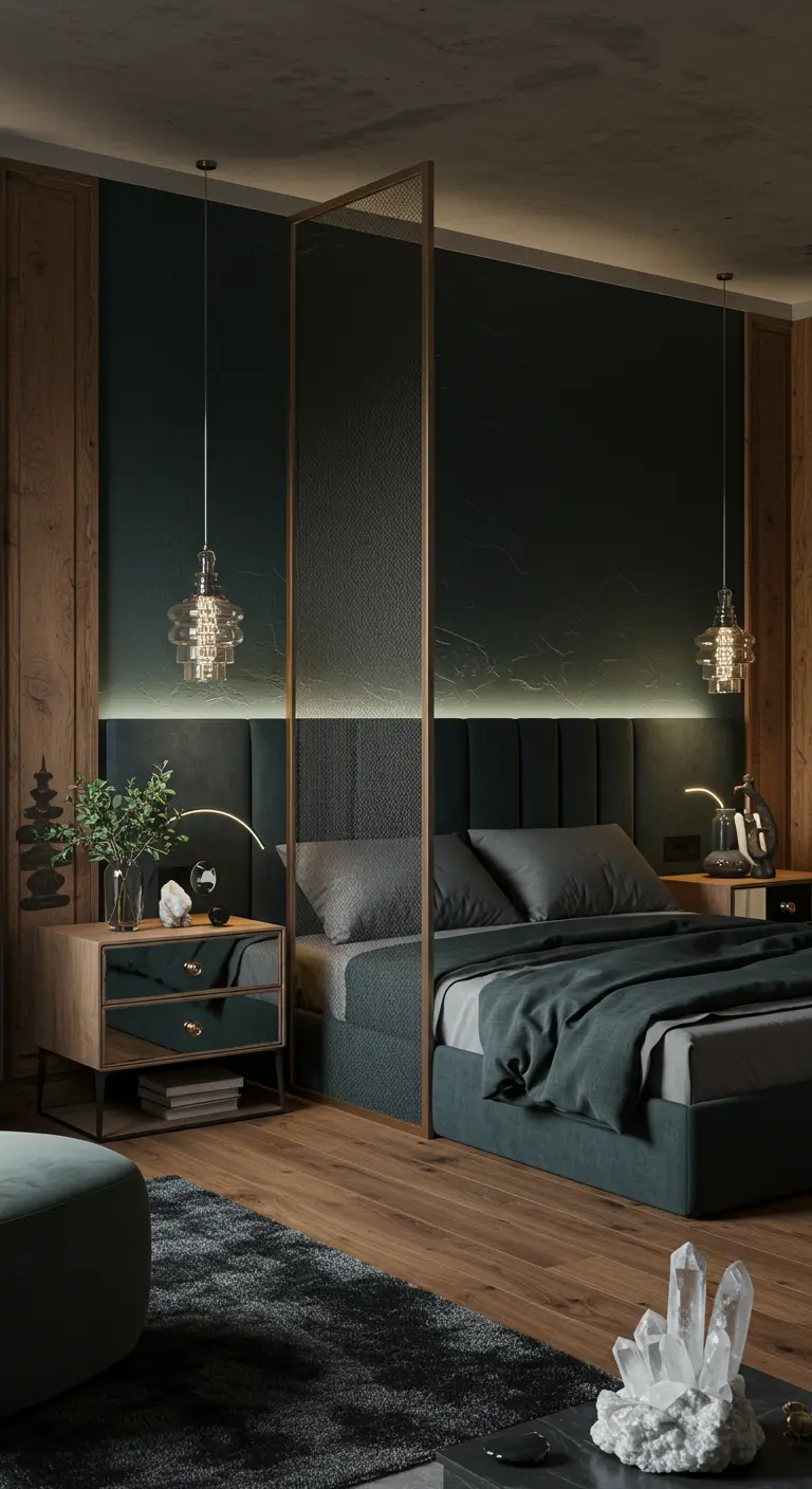 Moderne slaapkamer met donkere accentmuur, houten panelen, spiegelend nachtkastje en kristallen hanglampen.