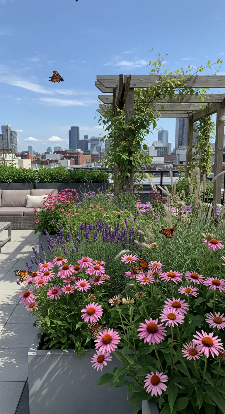 Modern dakterras met strakke plantenbakken vol roze zonnehoed, lavendel en vliegende monarchvlinders.
