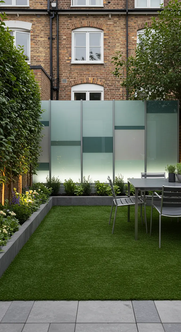 Moderne tuin met kunstgras en een privacy scherm van matglas panelen met geïntegreerde verlichting aan de onderkant.