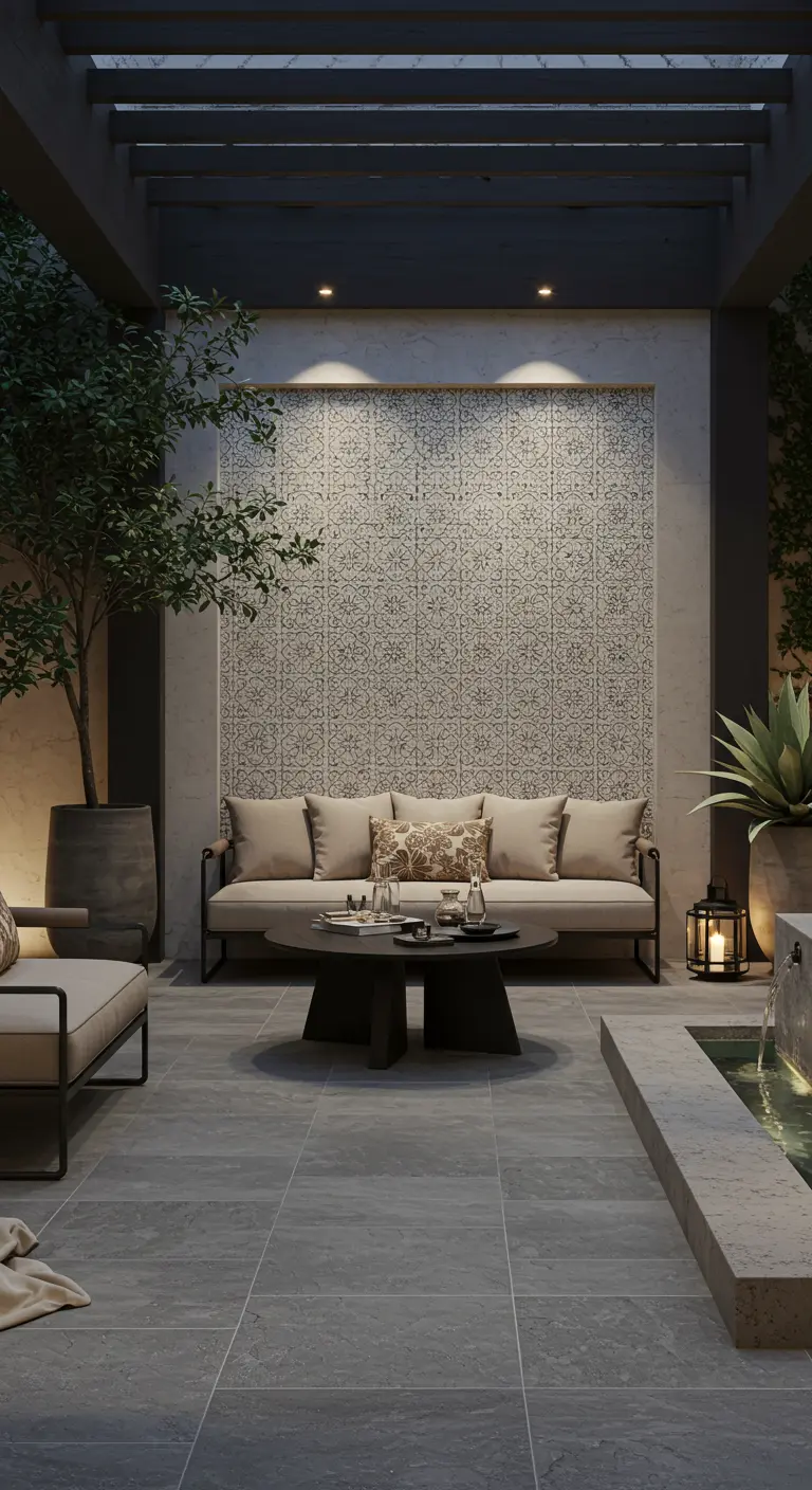 Moderne riad binnenplaats met subtiel patroon op de muur, strakke bank en waterornament.