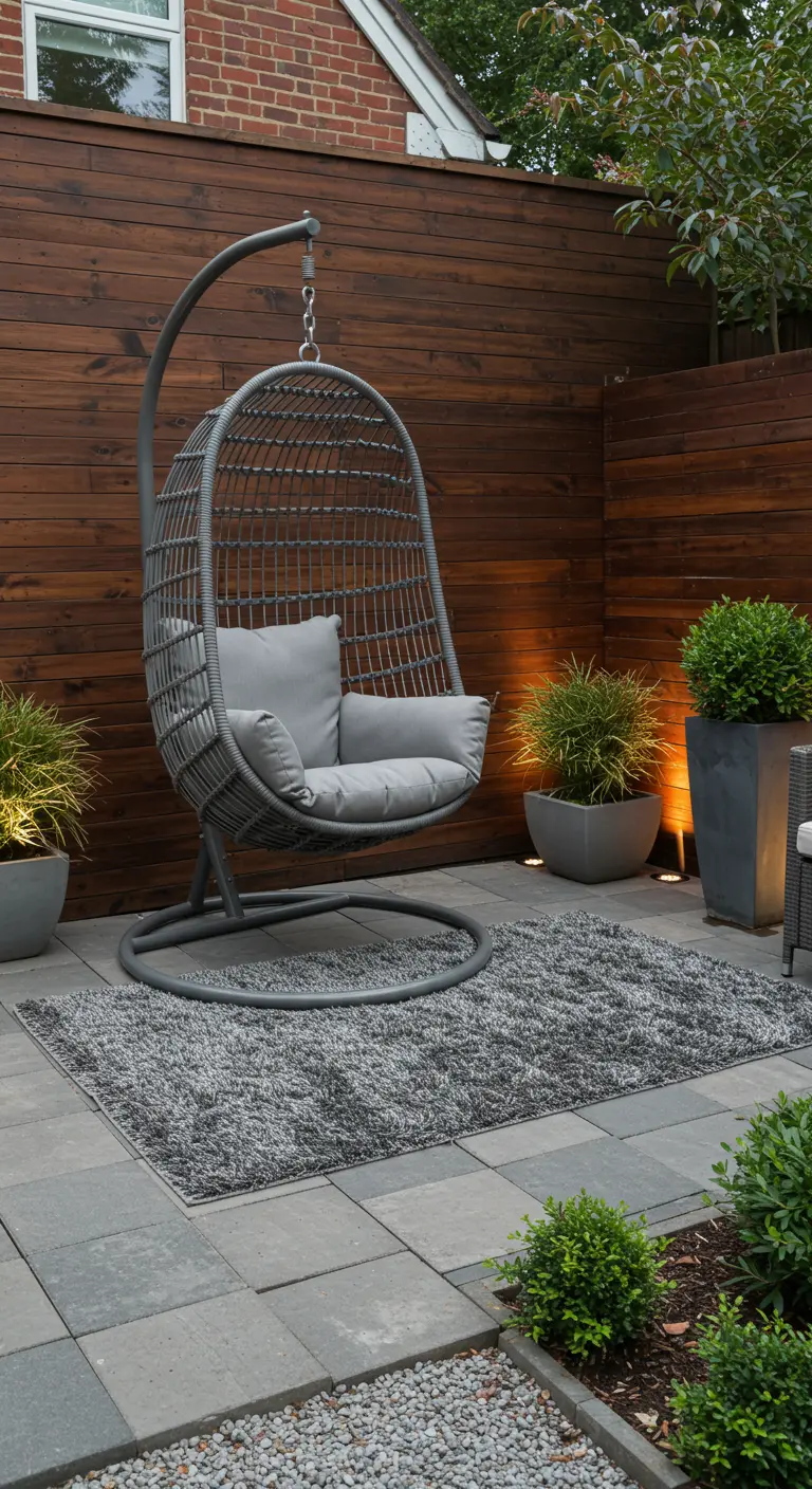 Moderne tuin met een grijze hangstoel, een zacht grijs kleed en sfeervolle verlichting.