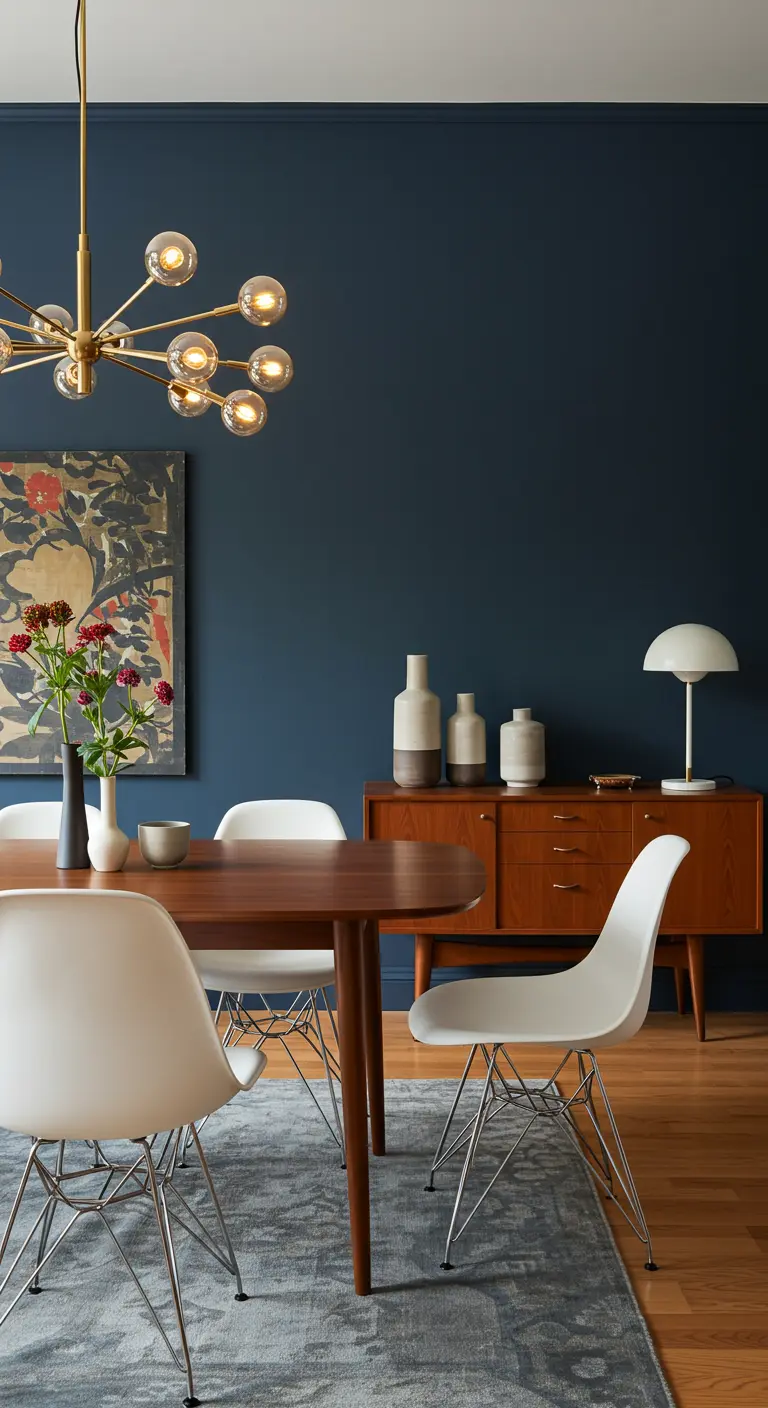 Moderne eetkamer met donkerblauwe muur, witte designstoelen en een houten dressoir.