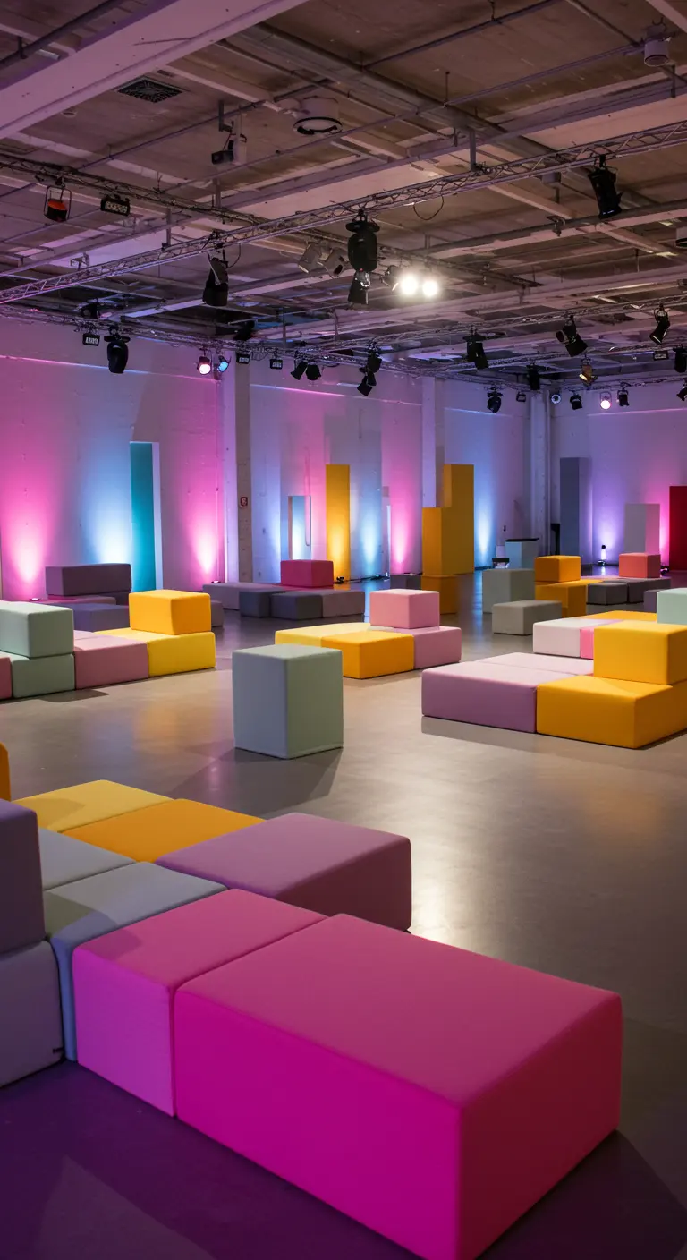 Grote ruimte met modulaire zitmeubels in verschillende pastelkleuren en verticale lichtpanelen aan de muur.